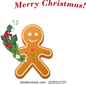 Holiday gingebread cookie with a branch of holly. Christmas nad New Year celebration. Vector illustration.