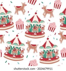 Holiday gingerbread carousel biscuit, sweet desserts seamless pattern for fabric, linen, textiles and wallpaper