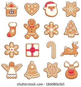 Holiday gingerbread cookie. Cookie in different shape with colored icing. New year and xmas celebration