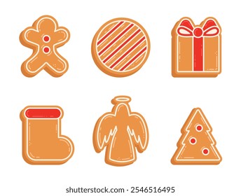 Holiday gingerbread cookie. Cookie in different shape with icing. Traditional decorative elements. Gingerbread man, Stocking. Cute stickers for winter holidays design. Vector illustration isolated