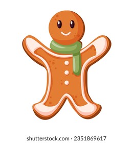 Holiday gingerbread cookie man in cartoon style. Cookie in shape of man with colored icing. Happy new year, christmas decoration, merry christmas holiday. New year and xmas celebration. Vector