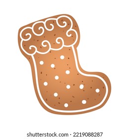 Holiday gingerbread cookie in shape of boots with white icing. Vector illustration in flat style