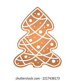 Holiday gingerbread cookie in shape of christmas tree with white icing. Vector illustration in flat style