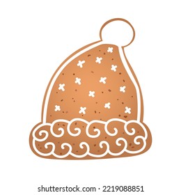 Holiday gingerbread cookie in shape of christmas hat with white icing. Vector illustration in flat style