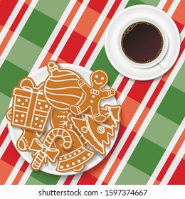 Holiday gingerbread cookies in plate with coffee cup on colored Christmas gingham tablecloth