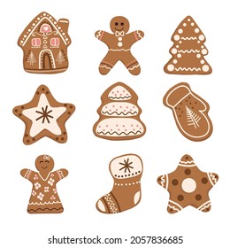 Set de galletas de jengibre de vacaciones. Hombre de jengibre vectorial, árbol de abetos de Navidad, casa, estrella, guante, calcetín. Año nuevo y decoración navideña. Estilo plano de la caricatura