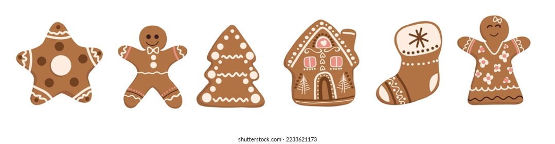 Holiday gingerbread cookies set. Vector gingerbread man, Christmas fir tree, house, star, sock. New year and Christmas decoration. flat style