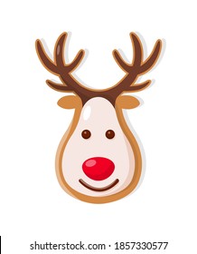 Holiday gingerbread of deer head, smiling animal with red nose and big horns. Single traditional decoration in realistic style isolated on white vector