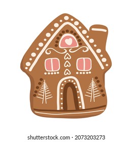 Holiday gingerbread house. New year and Christmas decoration. Cartoon flat style. Holiday gingerbread cookies