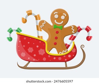 Holiday gingerbread man cookie and candycane in santa sleigh. Cookie in shape of man with colored icing. Merry christmas holiday. New year xmas celebration. Vector illustration flat style