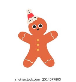 Holiday gingerbread man cookie. Flat vector illustration isolated on white background.