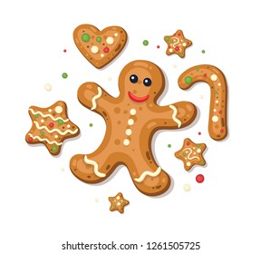 Holiday gingerbread man cookie isolated on white background. Happy new year and christmas decoration. Vector illustration.