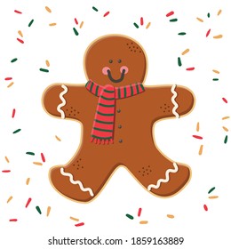 Holiday Gingerbread man cookie in red striped scarf. Cookie character with colored icing and confectionery sprinkles. Merry Christmas and Happy New Year decoration. Flat style illustration