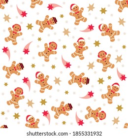 Holiday gingerbread man cookie seamless background. Cookie in shape of man with colored icing