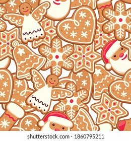 Holiday gingerbread man cookie seamless background. Cookie in shape of man with colored icing