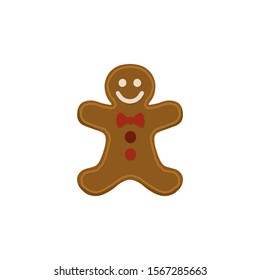 Holiday gingerbread man cookie. Cookie in shape of man with with colored buttons and a bow tie. New year or Chritmas decoration. Illustration in flat style.