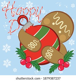 Holiday gingerbread man cookie. Cookie in shape of man with colored icing. Happy new year decoration. Merry christmas holiday. New year and xmas celebration. Vector illustration in flat style