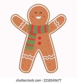Urlaub Lebkuchen Mann Keks. Keks in Form eines Menschen mit buntem Eis. Schöne Dekoration im neuen Jahr. Frohe Weihnachtsferien. Vektorgrafik im Flachstil.