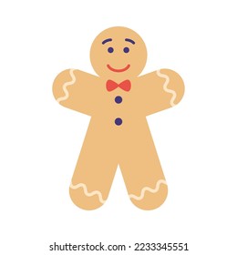 Holiday gingerbread man cookie. Cookie in shape of man with colored icing. Happy new year decoration. Merry christmas holiday. New year and xmas celebration. Vector illustration in flat style