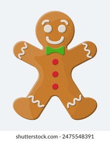 Holiday gingerbread man cookie. Cookie in shape of man with colored icing. Happy new year decoration. Merry christmas holiday. New year and xmas celebration. Vector illustration in flat style