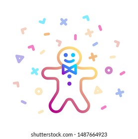 Holiday gingerbread man cookie surrounded by festive decor. Linear vector icon. Symbol of Christmas and New year