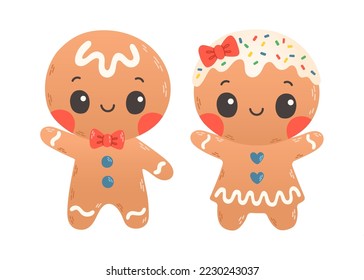 Holiday gingerbread man and woman cookie. Cookie in shape of man and woman with colored icing. Vector in flat style