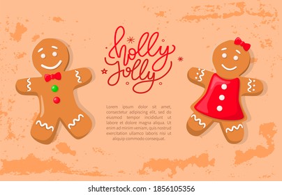 Holiday gingerbread of man and woman, smiling girl in bright dress and boy with bow and buttons. Holly paper card with traditional cookies vector