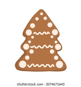 Holiday gingerbread pine tree, Christmas tree or fir. New year and Christmas decoration. Cartoon flat style. Holiday gingerbread cookies