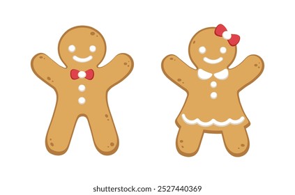 Holiday gingerbread of snowman, smiling girl in dress and boy with bow and buttons. Happy New Year decoration in flat style isolated on white vector