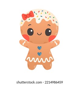 Holiday gingerbread woman cookie. Cookie in shape of woman with colored icing. Vector illustration in flat style