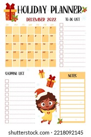 Holiday girly planner. Christmas organizer, monthly calendar december 2022, to-do list, shopping list and notes with cute black ethnic girl in santa hat. Vector New Years vertical template planner