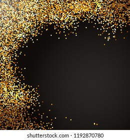 Holiday glitter decoration on black background.Spray of gold confetti. Christmas sparkly effect decoration.Vector illustration