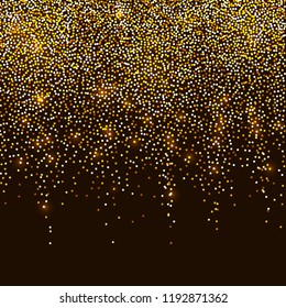 Holiday glitter decoration on black background.Spray of gold confetti. Christmas sparkly effect decoration. Falling confetti texture pattern