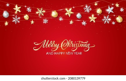 Holiday glitter decoration. Silver and gold sparkling frame, vector border. Merry Christmas calligraphy. Festive background with stars and snowflakes. For winter season cards, headers, party posters.