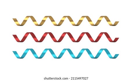Holiday glossy golden greeting swirl ribbon collection congratulation festive bright decor 3d template realistic vector illustration. Metallic gold red blue twist curled advertising confetti isolated
