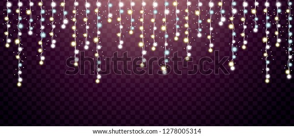 Holiday glowing garland. Light\
decoration element for event, carnival, christmas, wedding or\
birthday party design. Horizontal border with vertical\
strings.