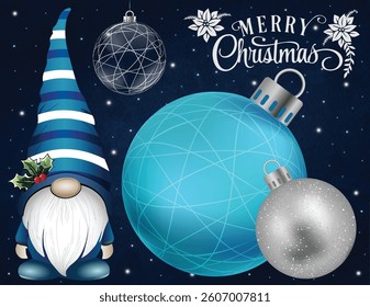 A holiday gnome standing next to Xmas baubles on a navy blue background.