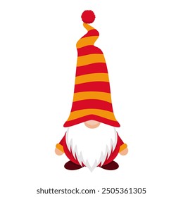 Holiday gnome in striped long cap. Festive new years character in red yellow hat covering his eyes with white beard as cute scandinavian vector symbol