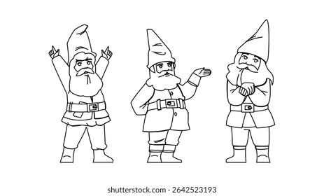 férias gnome vetor. chapéu de personagem, decoração de celebração, feliz cartaz feriado gnome personagem. pessoas linha preta lápis desenho ilustração