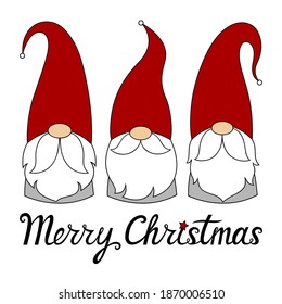 Holiday gnomes. Vector. Phrase Merry Christmas. Characters with beards and red hats. Festive symbols. Cute illustration. For postcards, invitations, flyers, printing on t shirt. Isolated on white.