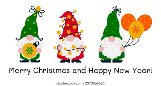 Holiday gnomes vector set. Cute funny elves are holding a Christmas tree toy, garland with stars and lights, balloons with snowflake print. Santa Claus helpers in a stocking caps. Flat cartoon clipart