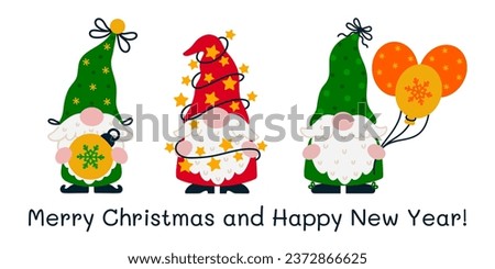 Holiday gnomes vector set. Cute funny elves are holding a Christmas tree toy, garland with stars and lights, balloons with snowflake print. Santa Claus helpers in a stocking caps. Flat cartoon clipart