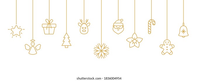 Holiday gold baubles with snowflake, santa, christmas tree, reindeer, candy cane, angel, gift box. Christmas hanging on white background. New year card. Party design elements. Vector illustration.