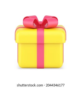 Holiday gold box gift 3d icon. Minimalistic package with red ribbon and bow. Greeting to new year and birthday. Profitable purchases with discounts with bonuses. Realistic isolated vector
