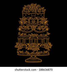 Holiday Gold Cake Isolated On A Black Background. Cake Stand - Vector