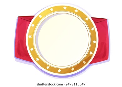 Holiday gold plate, bright empty dish top view with stars, border ornament Christmas decoration, in cartoon style isolated on white background.