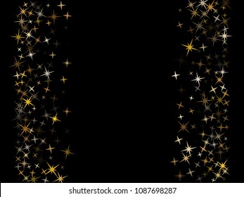 Holiday gold star dust sparkle vector frame border background. Glitter stardust confetti, shining sparkles pattern design on black. Shining gold stars frame vector, tinsel lights background.