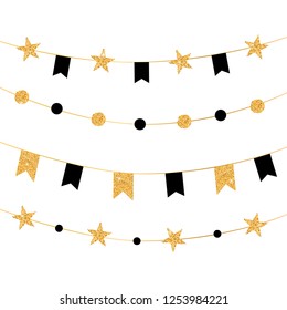 Holiday gold vector garland set isolated on white. Black and golden sparkling glitter stars, flags and circles on a string. Shiny derorative golden garlands for card, banner, party poster, invitation.