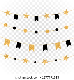 Holiday gold vector garland set on transparent background. Black and golden sparkling glitter stars, flags and circles on a string. Shiny derorative gold garlands for card, banner, party poster.