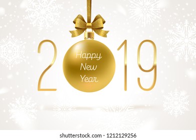 Holiday golden bauble with glitter gold bow ribbon and New year 2019 number.  Vector illustration. Greeting card.